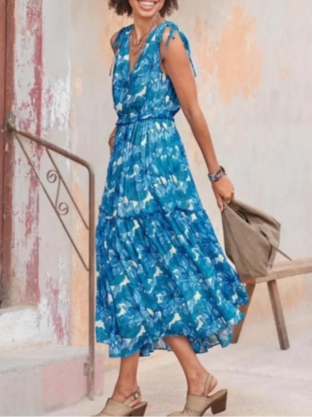 Sundance Maren Meadow Sleeveless Tiered Tie Midi Dress Blue Floral Size: M